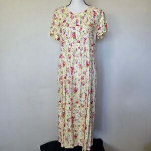Vintage Liz Baker 10P Button Pintuck Front Short Sleeve Tie Back Midi Dress